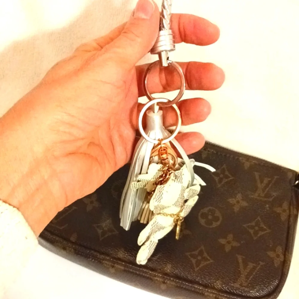 Bag Charm Keychain TEDDY BEAR Damier Azur Handmade with‎ Charms & Tassel